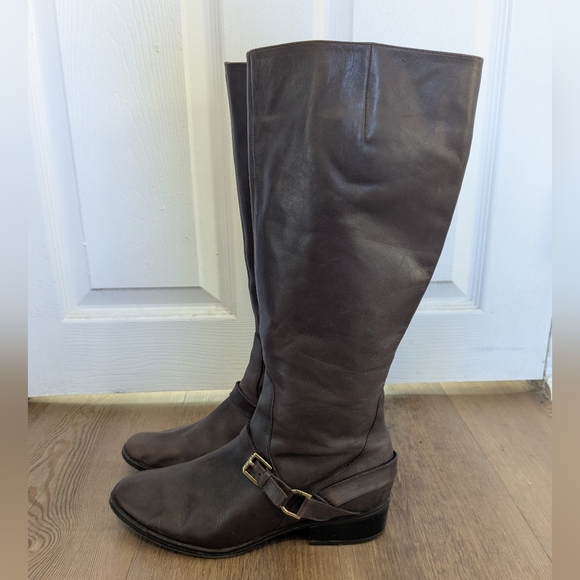 Ralph Lauren LRL Mila Brown Leather Knee High Riding Boots Size 8.5 B Zip Straps - Picture 1 of 12
